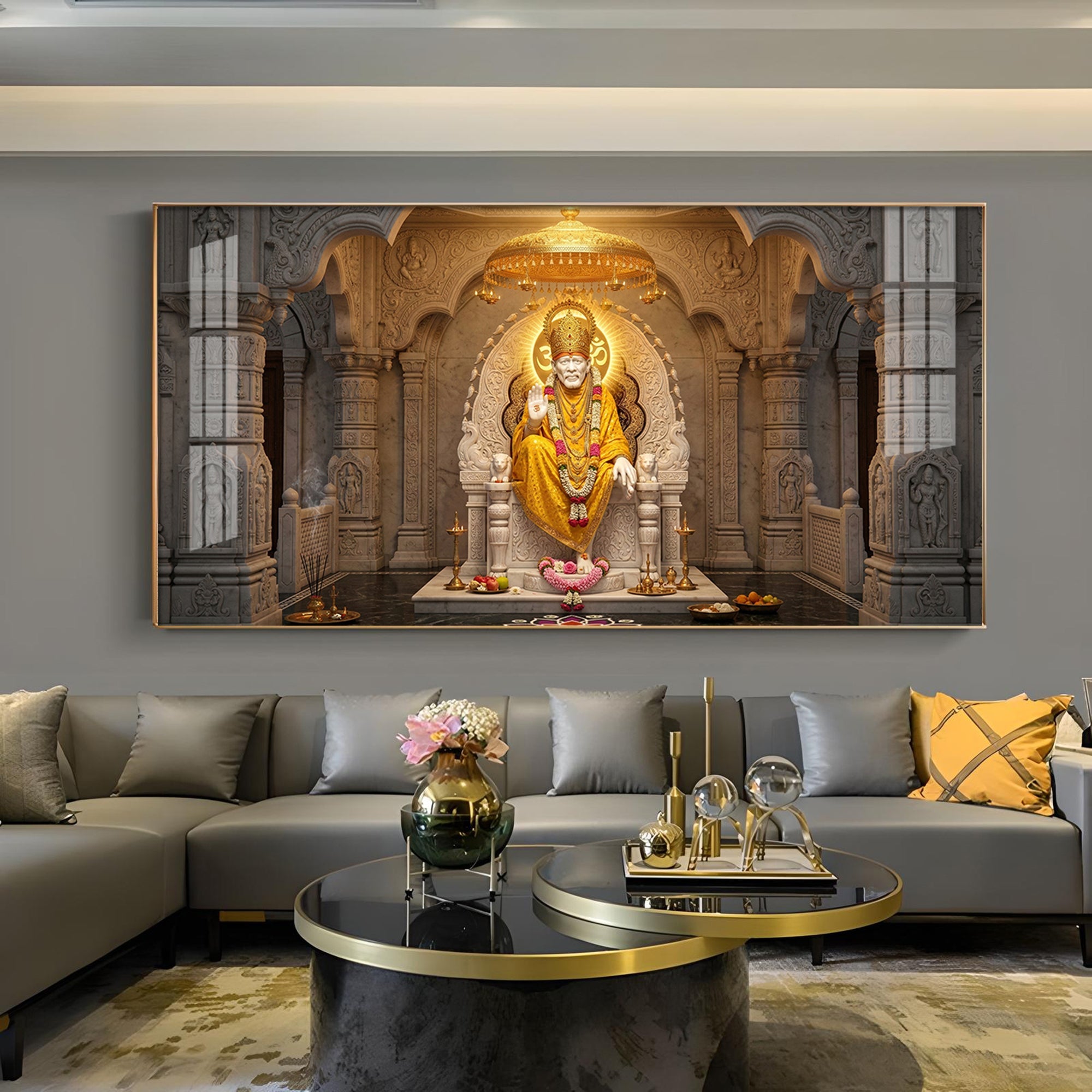 Divine Sai Baba Glass Finish Horizontal Wall Art