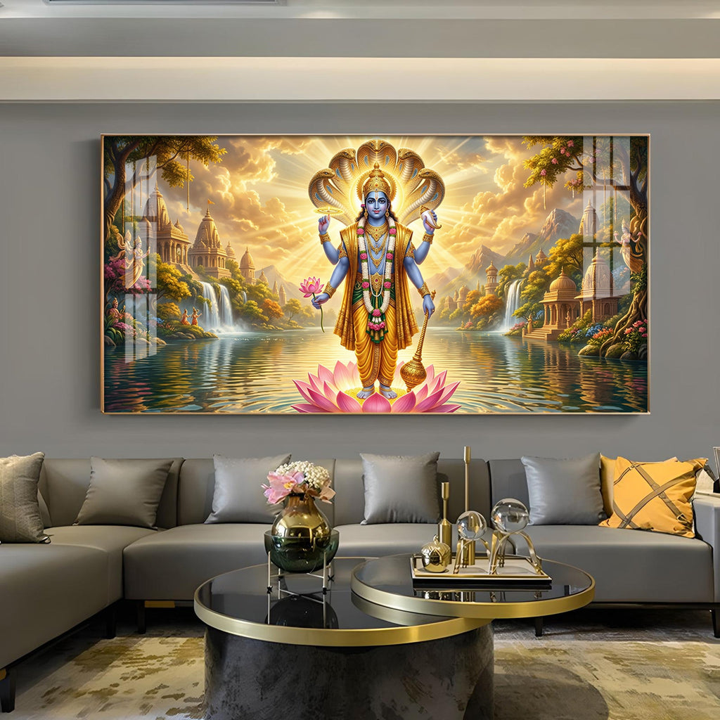 Lord Vishnu Glass Finish Horizontal Wall Art