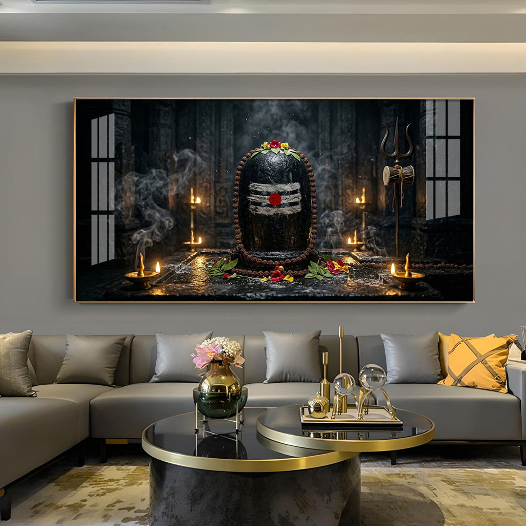 Mahadev Shivling Divine Aura Glass Finish Horizontal Wall Art
