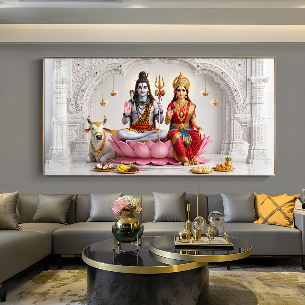Lord Shiva & Goddess Parvati Glass Finish Horizontal Wall Art
