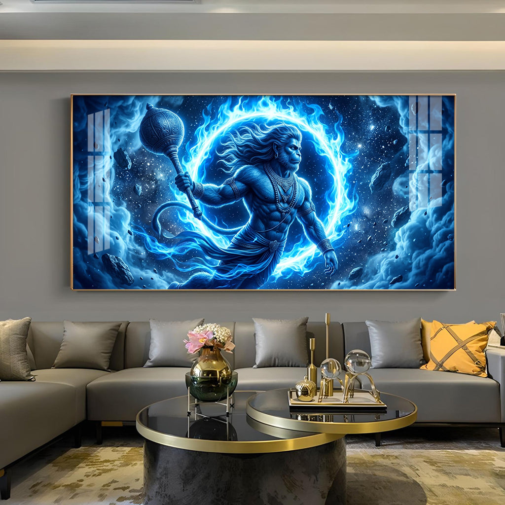 Depicts Lord Hanuman Glass Finish Horizontal Wall Art