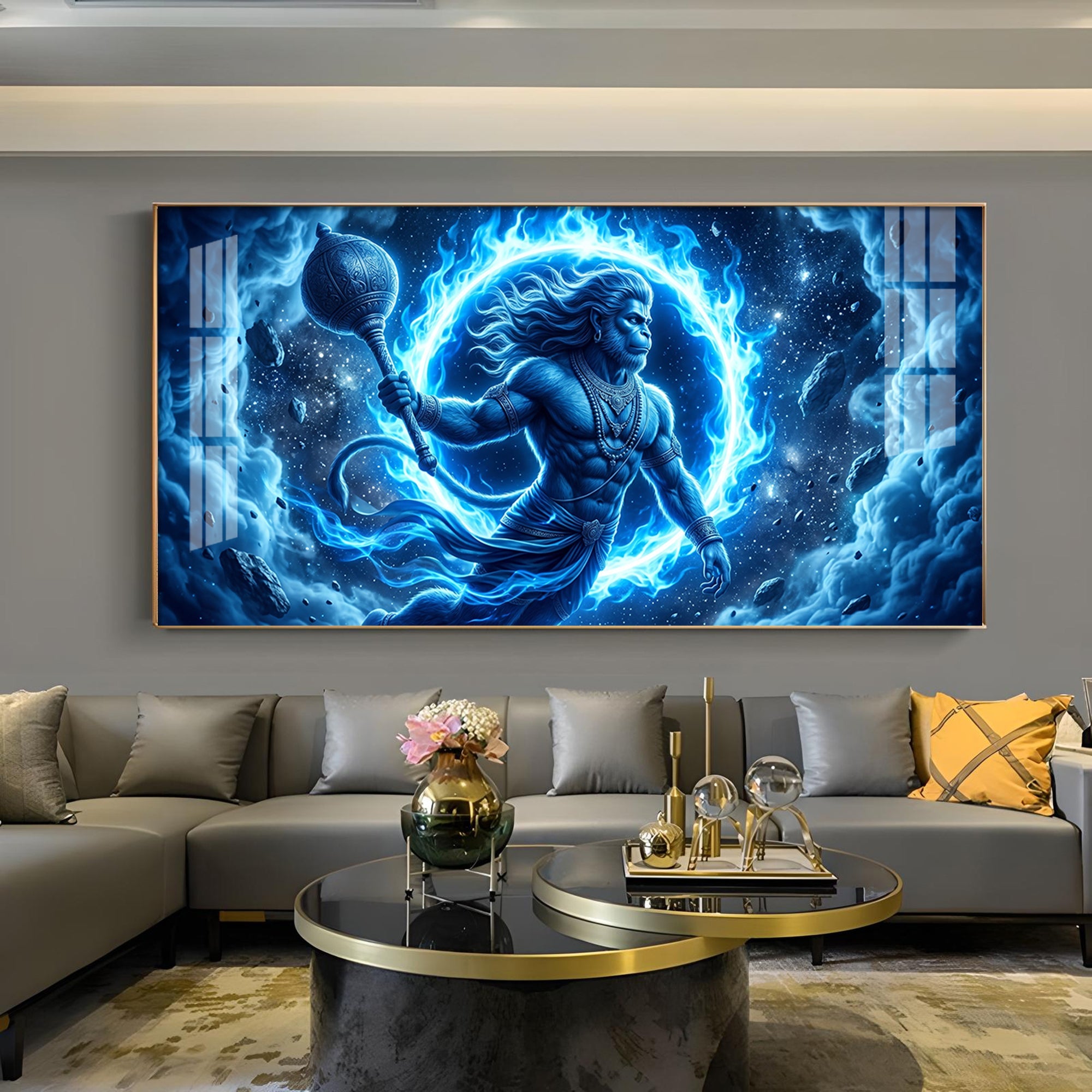 Depicts Lord Hanuman Glass Finish Horizontal Wall Art