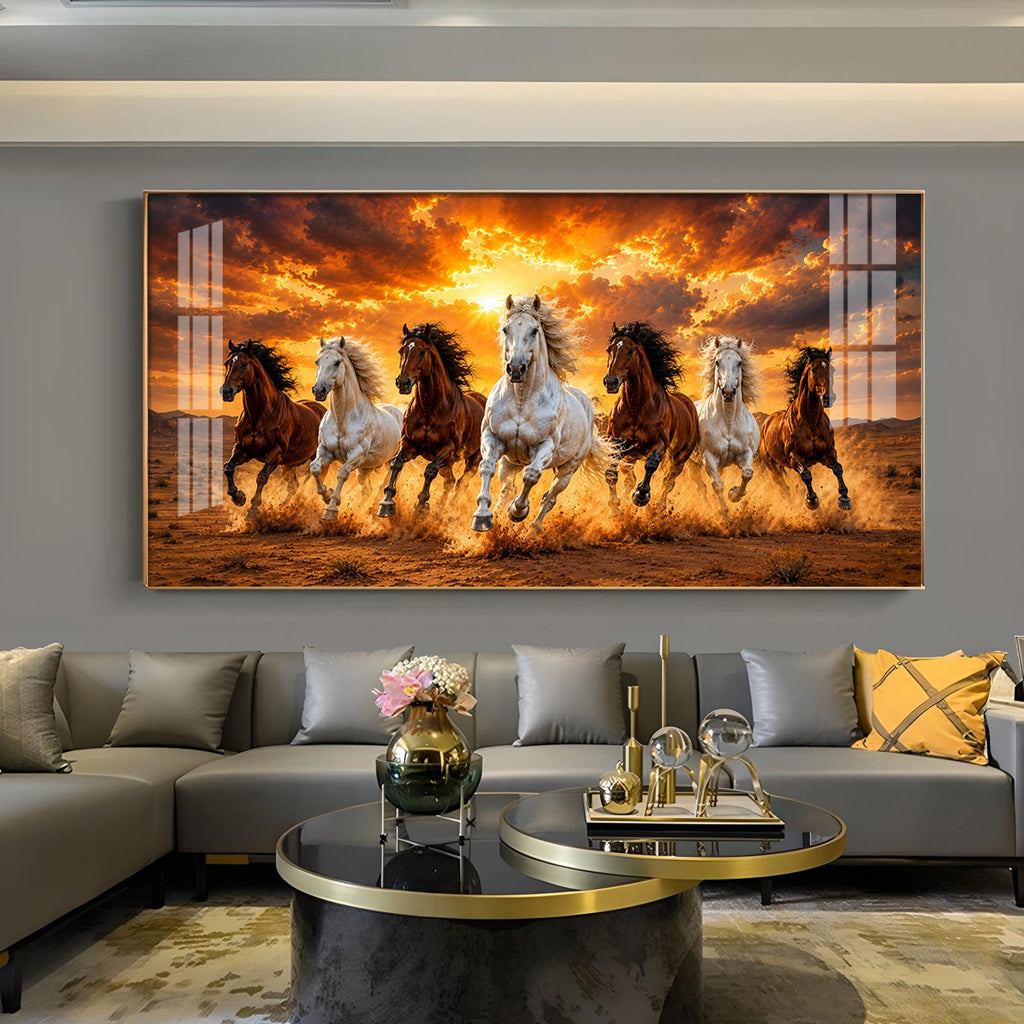 7 Running Horses Glass Finish Horizontal Wall Art