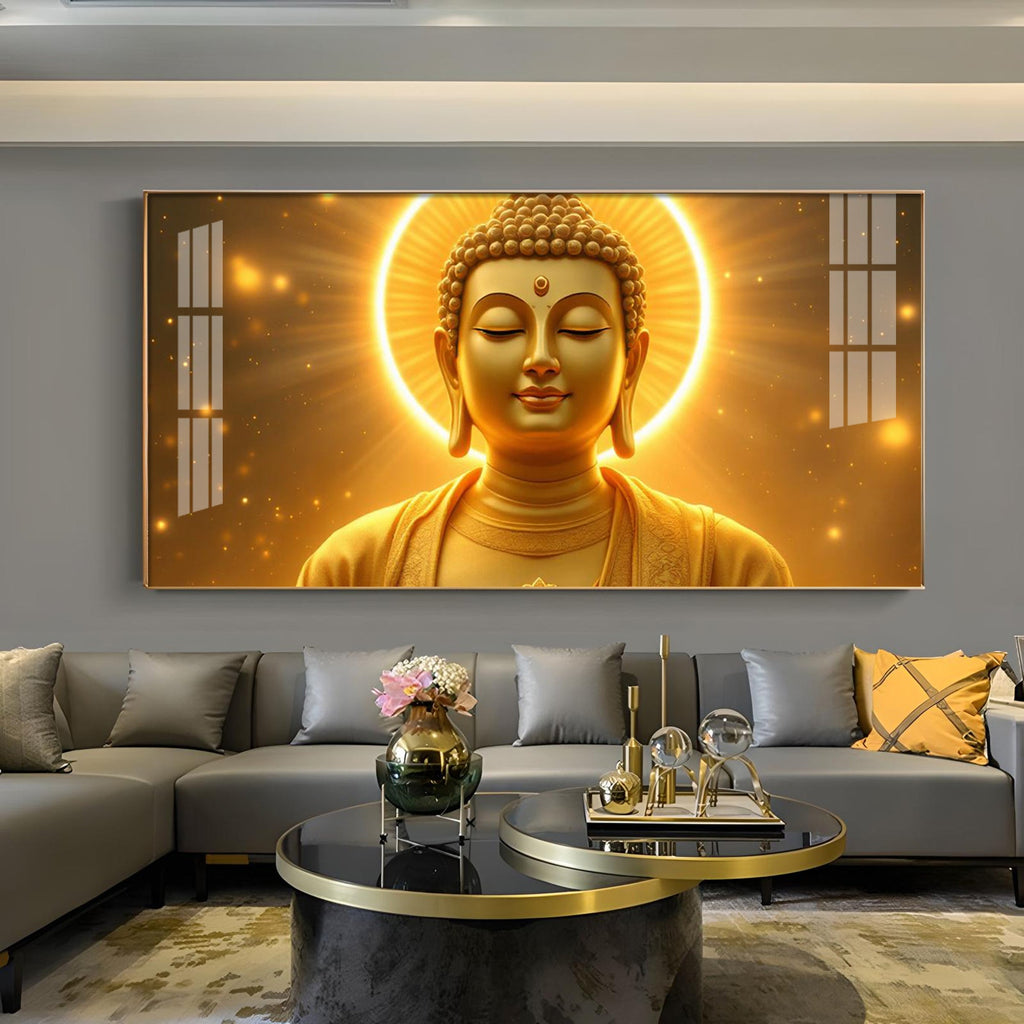 Divine Golden Buddha Glass Finish Horizontal Wall Art