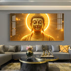 Divine Golden Buddha Glass Finish Horizontal Wall Art