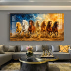 Seven Running Horses Glass Finish Horizontal Wall Art