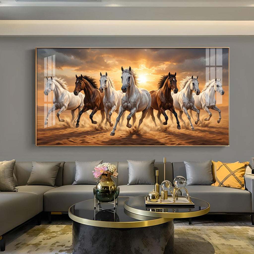 Running Horses In A Golden Sunset Glass Finish Horizontal Wall Art