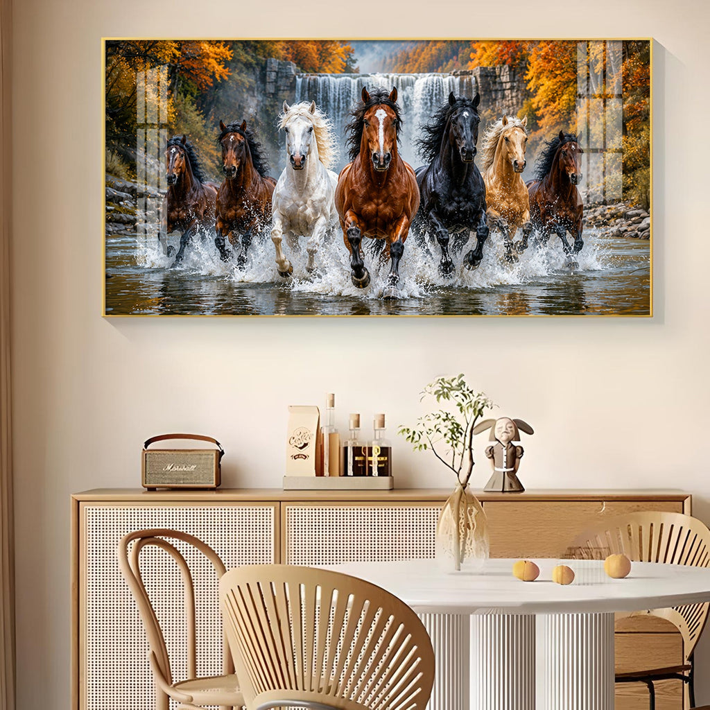Seven-Horse Running Glass Finish Horizontal Wall Art