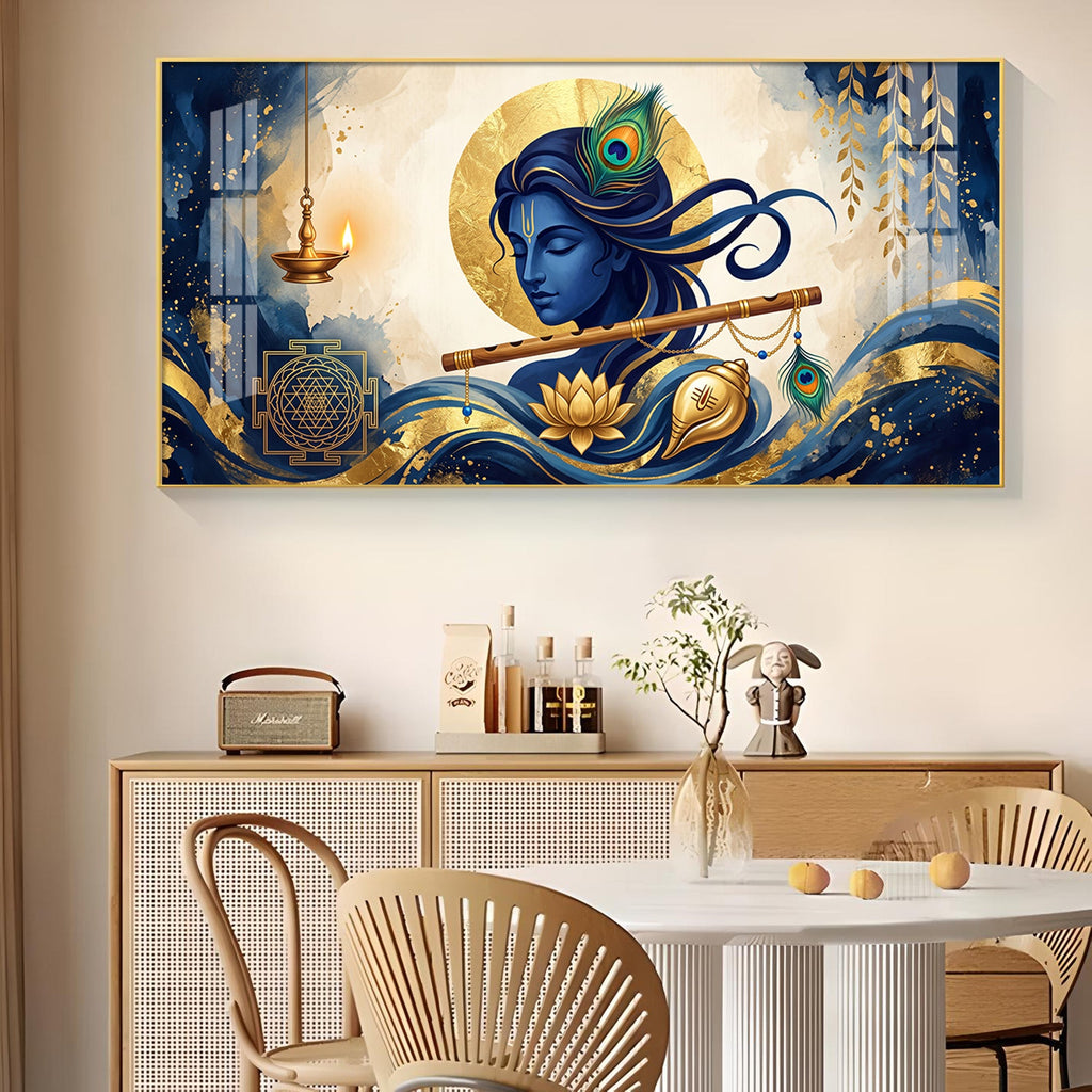Lord Krishna With Yantra Glass Finish Horizontal Wall Art