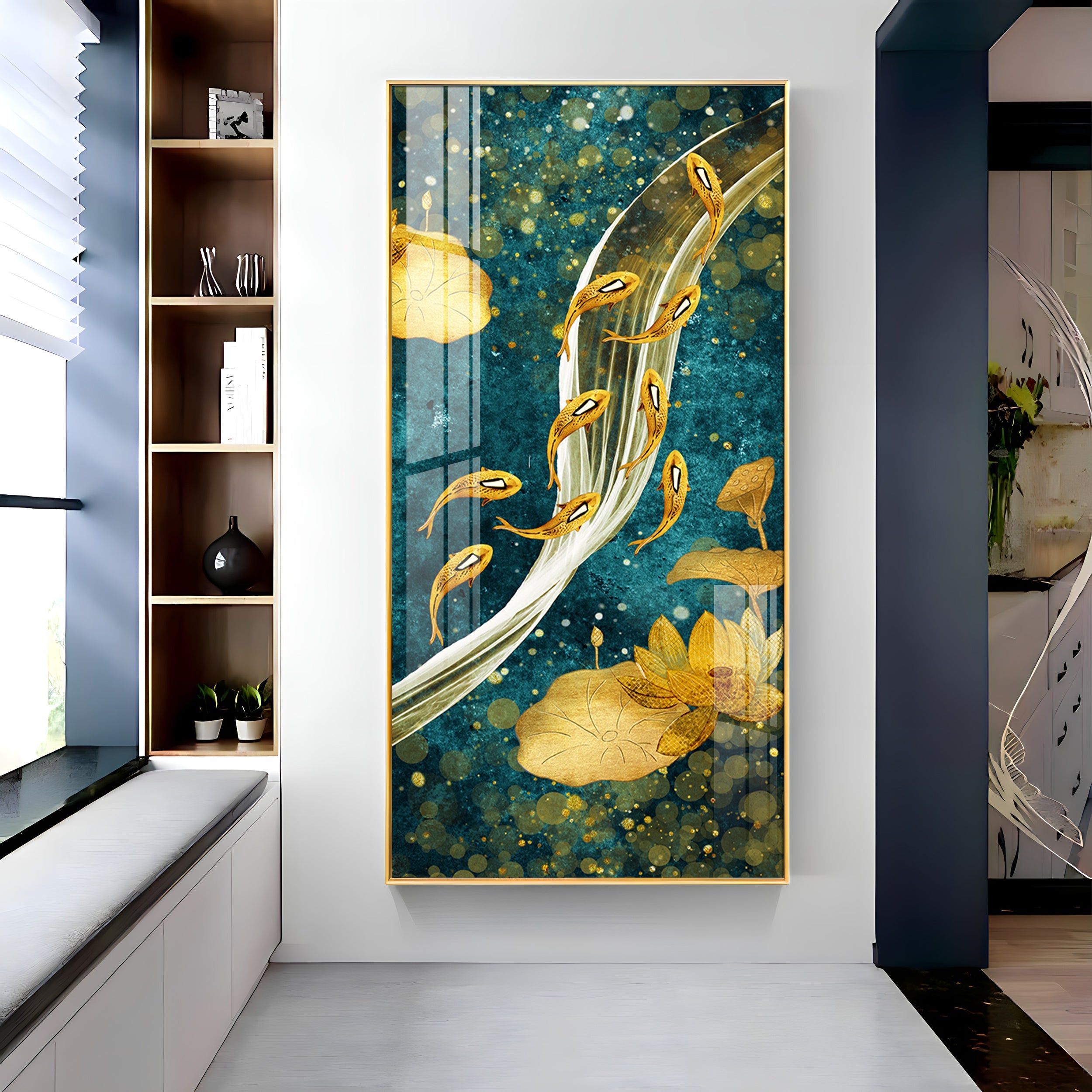 Modern Golden Koi Fish & Lotus Premium Acrylic Vertical Wall Art