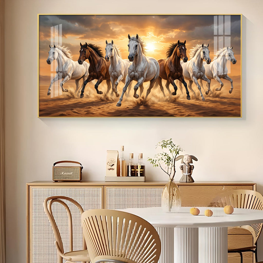 Running Horses In A Golden Sunset Glass Finish Horizontal Wall Art