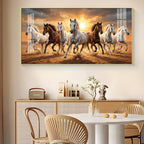 Running Horses In A Golden Sunset Glass Finish Horizontal Wall Art