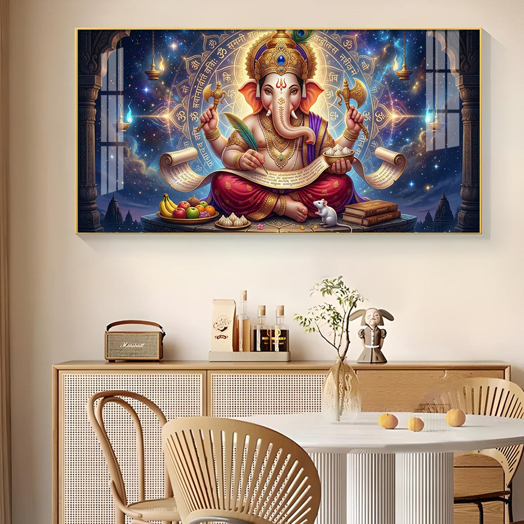 Lord Ganesha Glass Finish Horizontal Wall Art
