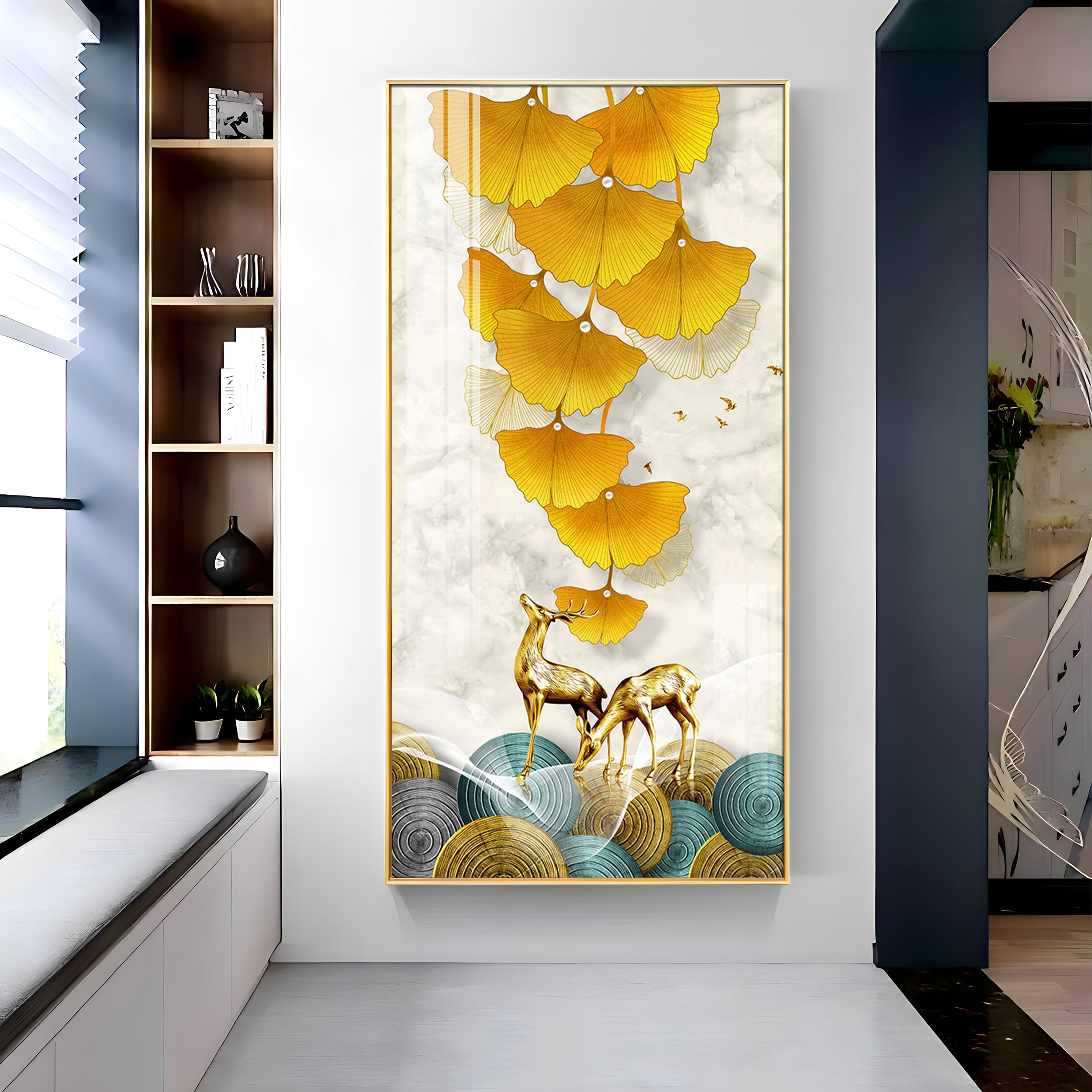 Elk Leaves With Deer Premium Acrylic Vertical Wall Art