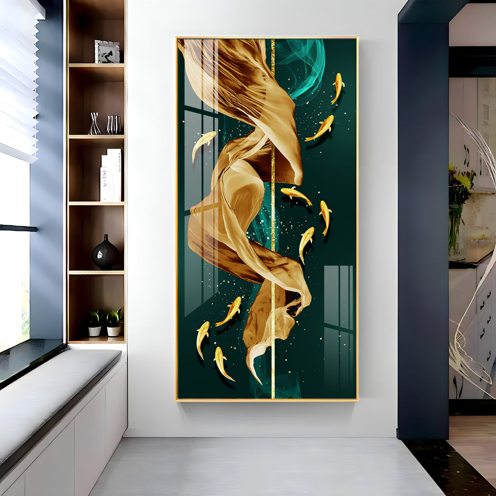 Fish & Flowing Gold Layer Premium Acrylic Vertical Wall Art
