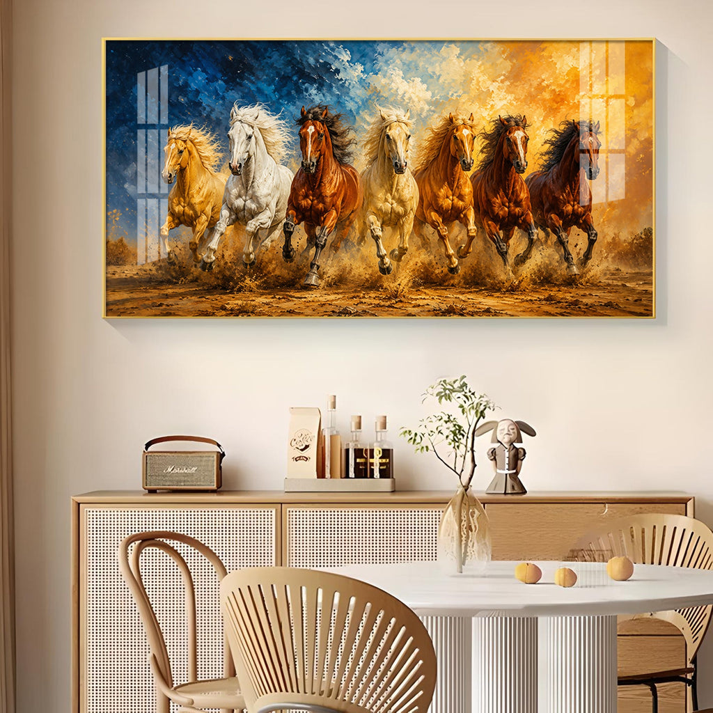 Seven Running Horses Glass Finish Horizontal Wall Art