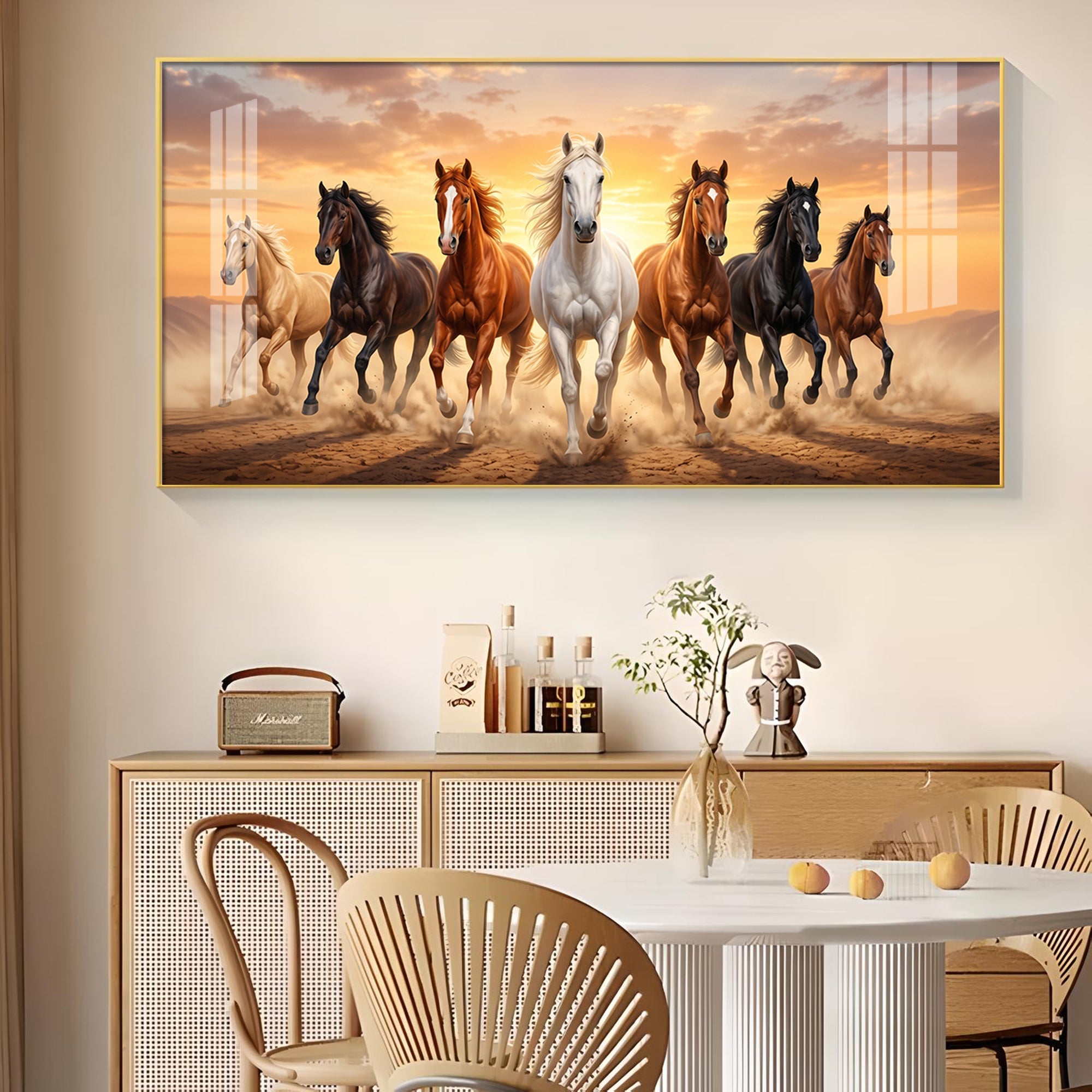 Seven Running Horse Vastu Glass Finish Horizontal Wall Art