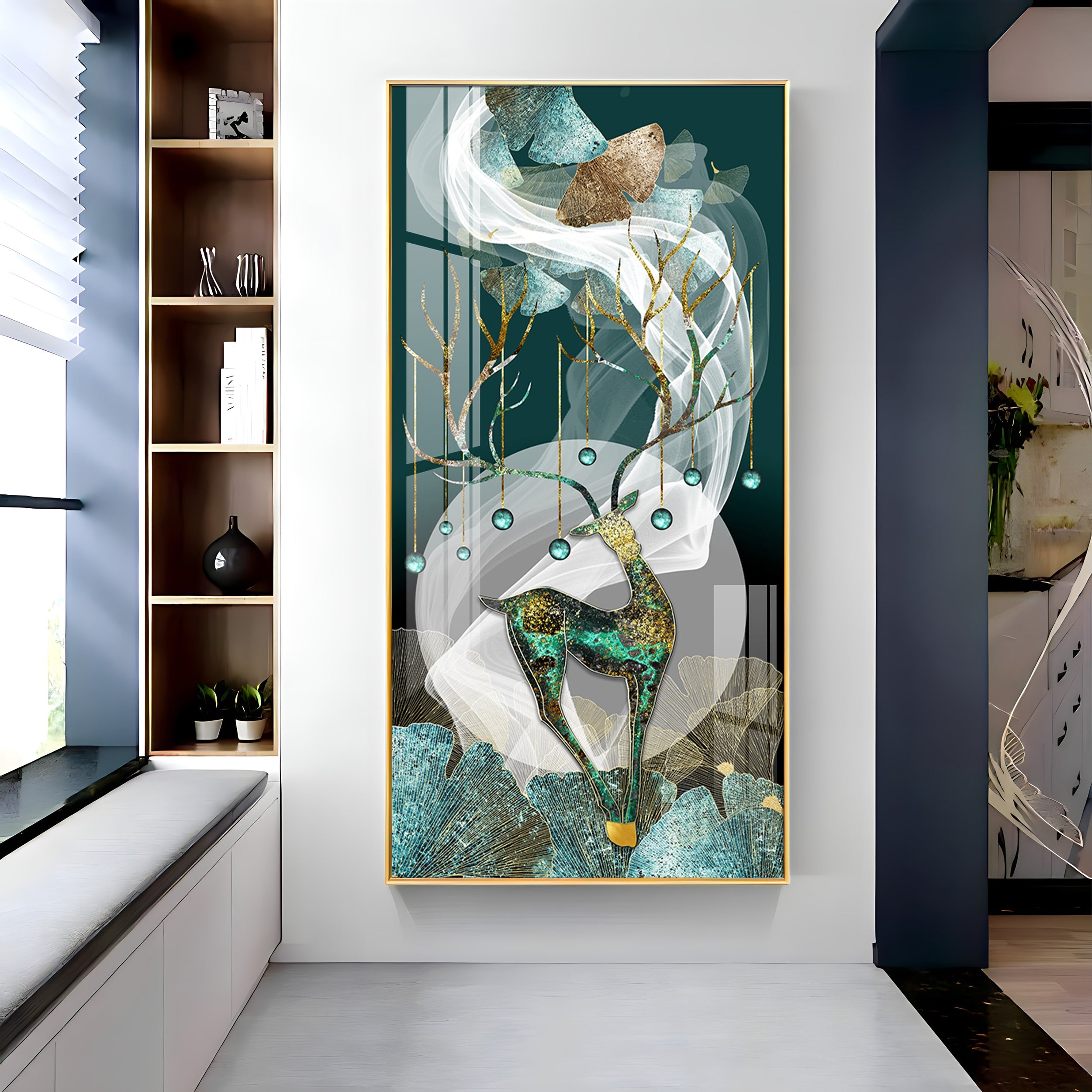 Deer With Dark Green Background Premium Acrylic Vertical Wall Art