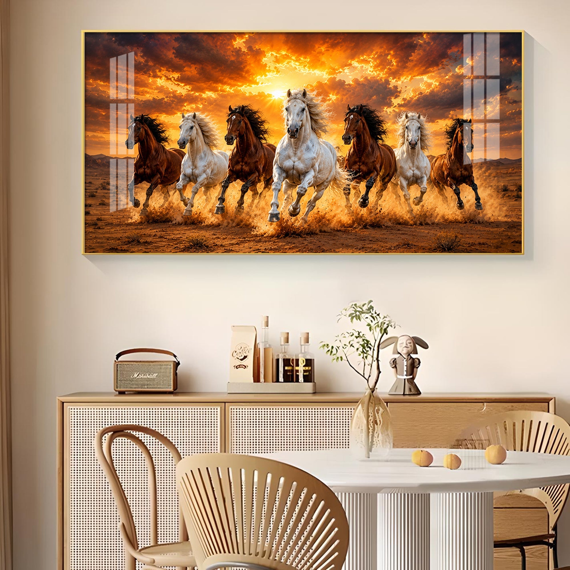 7 Running Horses Glass Finish Horizontal Wall Art