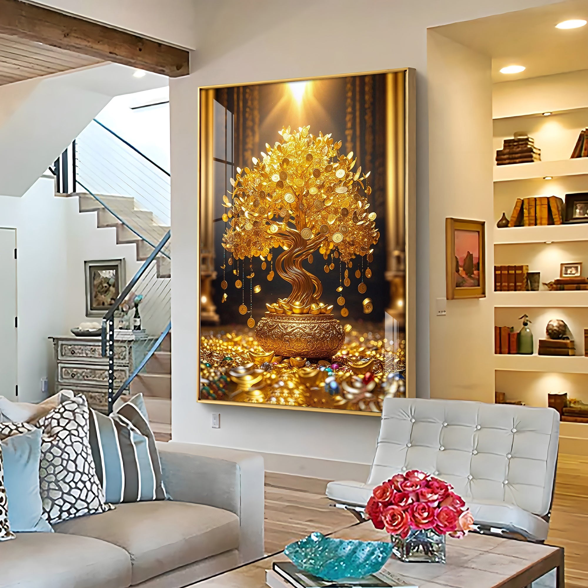 Golden Money Tree Premium Acrylic Vertical Wall Art