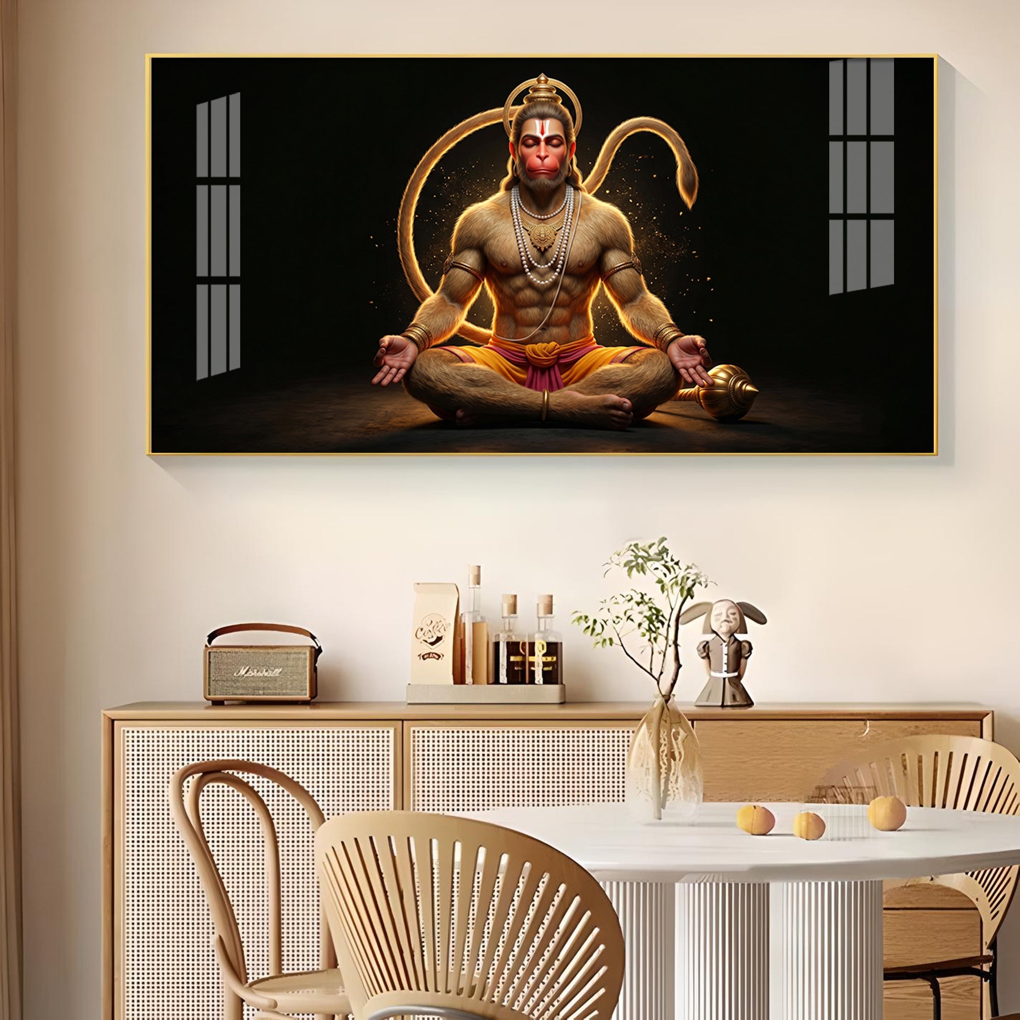Lord Hanuman In Meditating Pose Glass Finish Horizontal Wall Art