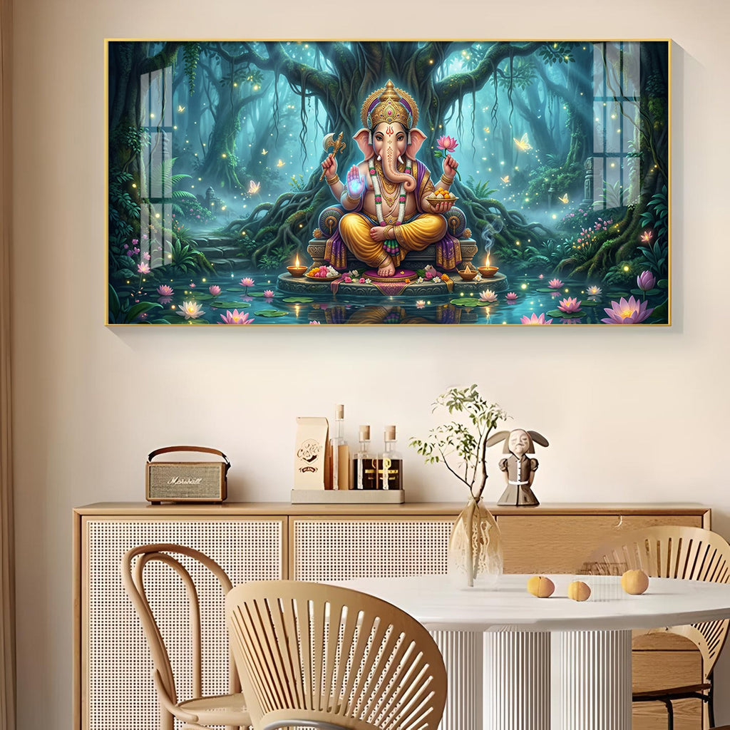 Lord Ganesh Divine Aura Glass Finish Horizontal Wall Art
