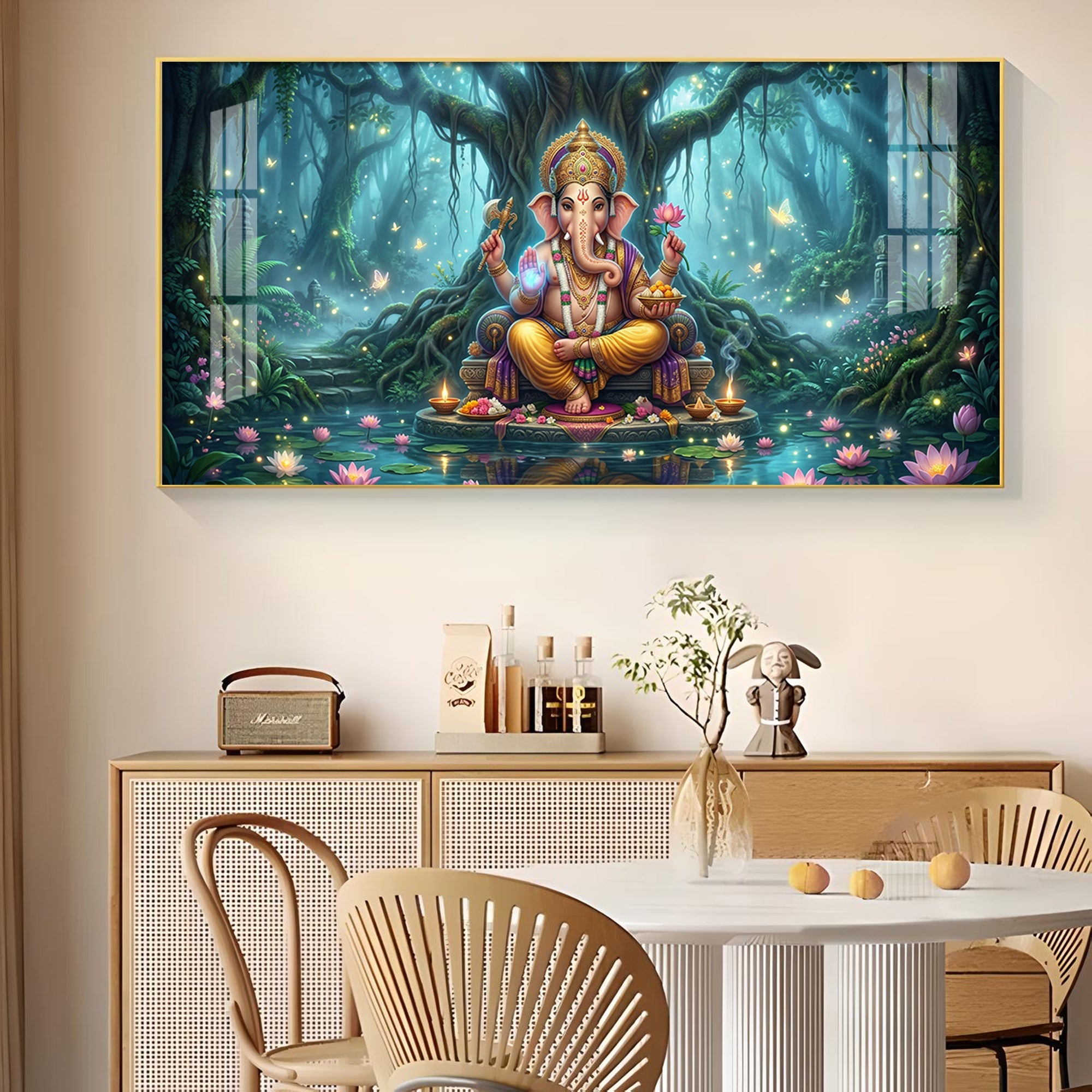 Lord Ganesh Divine Aura Glass Finish Horizontal Wall Art