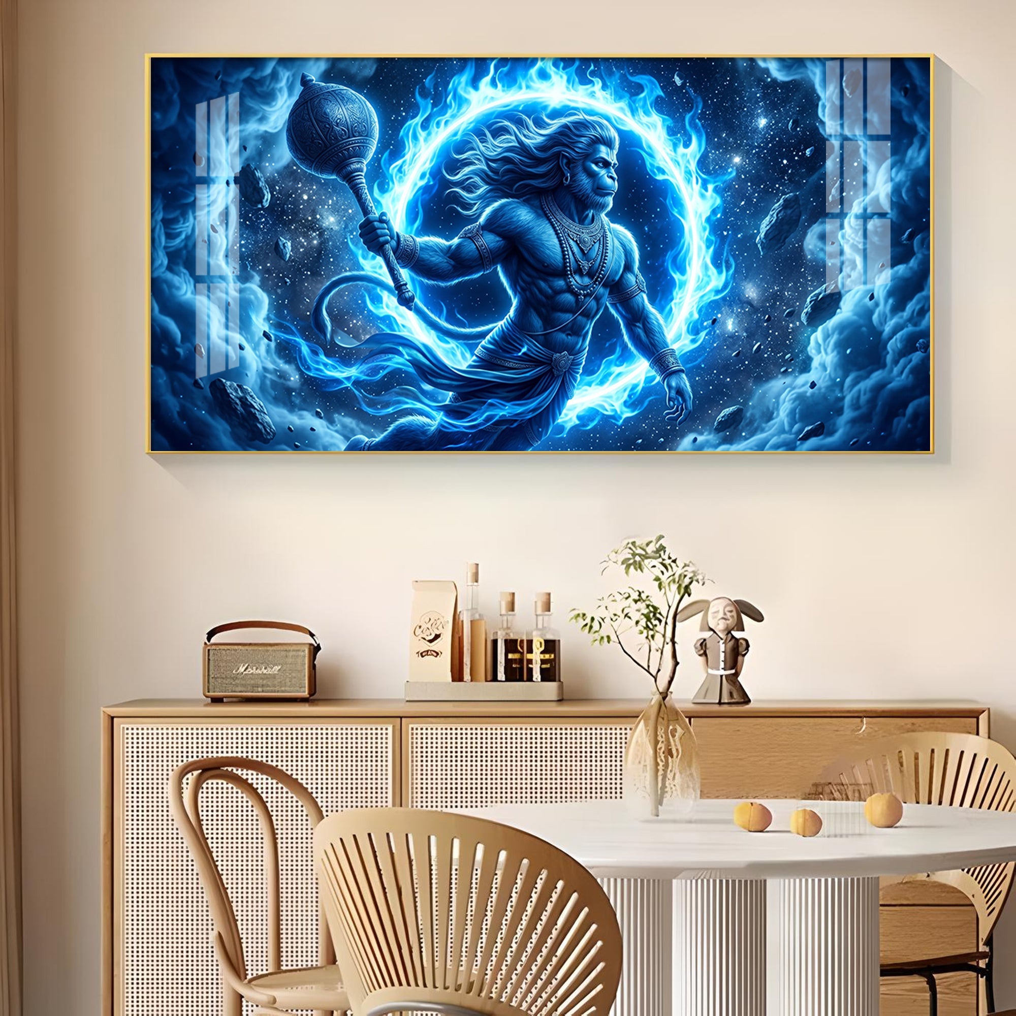 Depicts Lord Hanuman Glass Finish Horizontal Wall Art