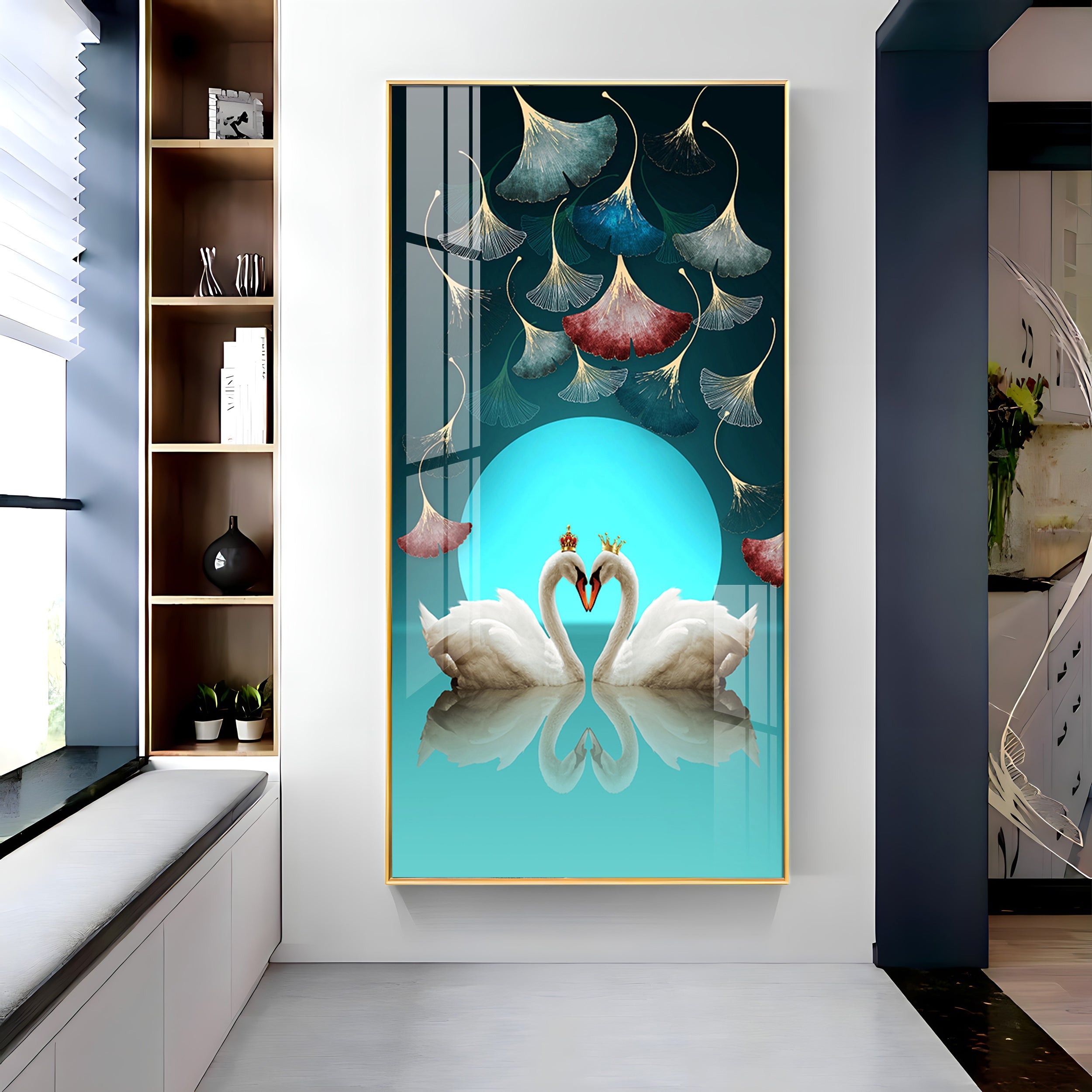 Couple Swan With Ginkgo Leaves Premium Acrylic Vertical Wall Art