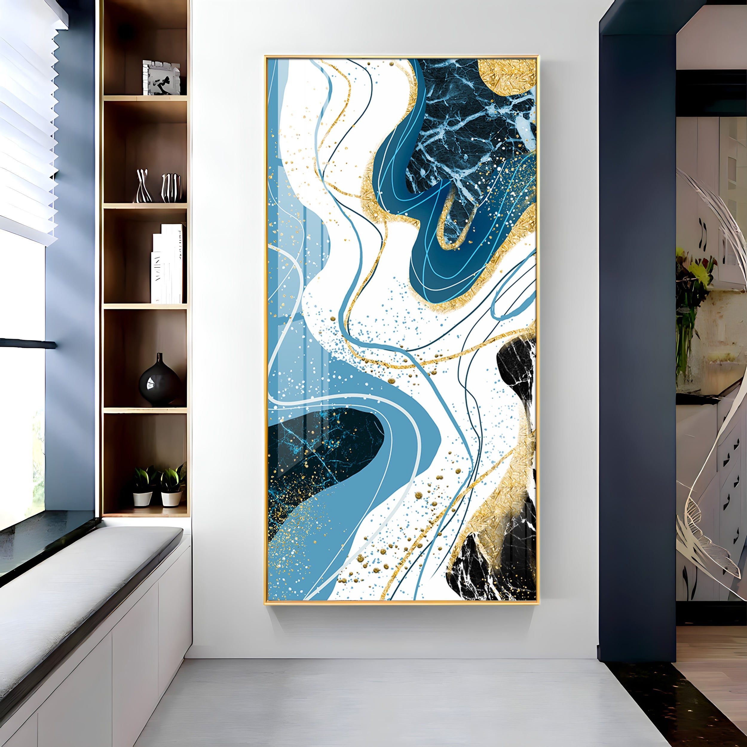 Stylized Fans In Gold & Blue Tones Premium Acrylic Vertical Wall Art