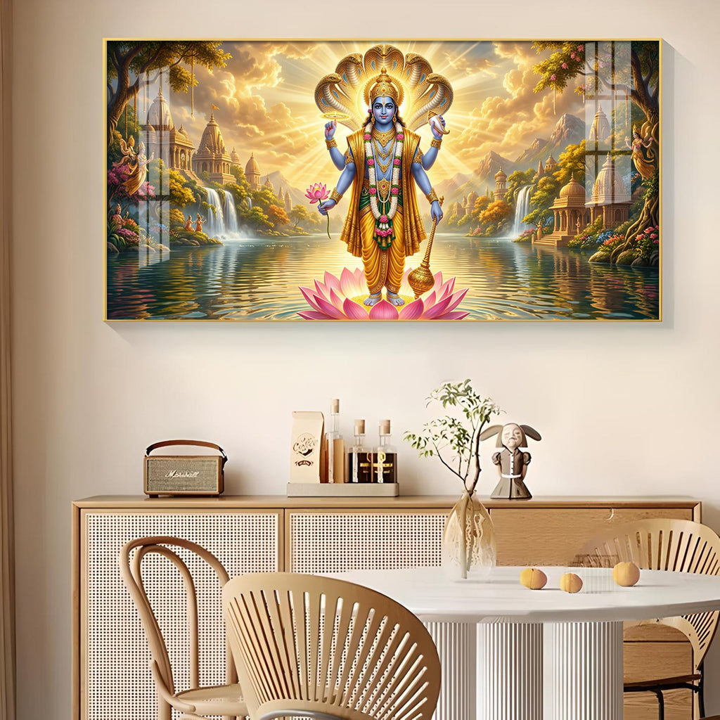 Lord Vishnu Glass Finish Horizontal Wall Art
