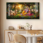Radha and Krishna In Serene Forest Glass Finish Horizontal Wall Art