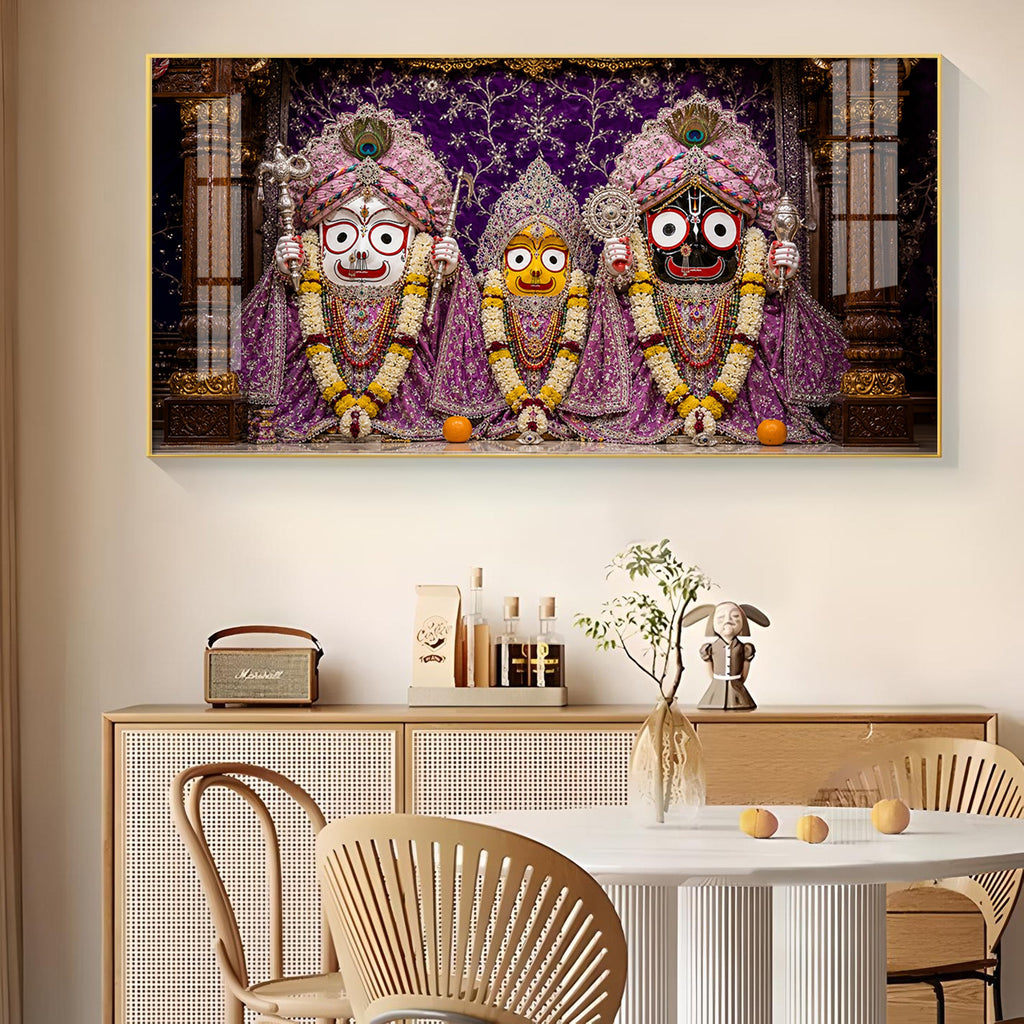 Hindu Deities Lord Jagannath, Subhadra & Balabhadra Glass Finish Horizontal Wall Art