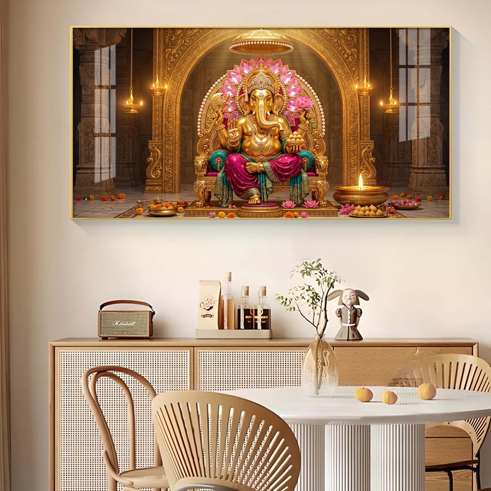 Hindu Lord Ganesha Glass Finish Horizontal Wall Art