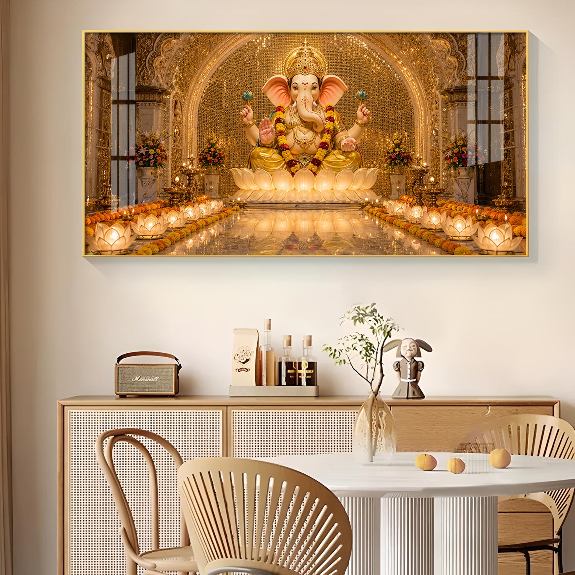 Lord Ganesha In A Golden Temple Glass Finish Horizontal Wall Art