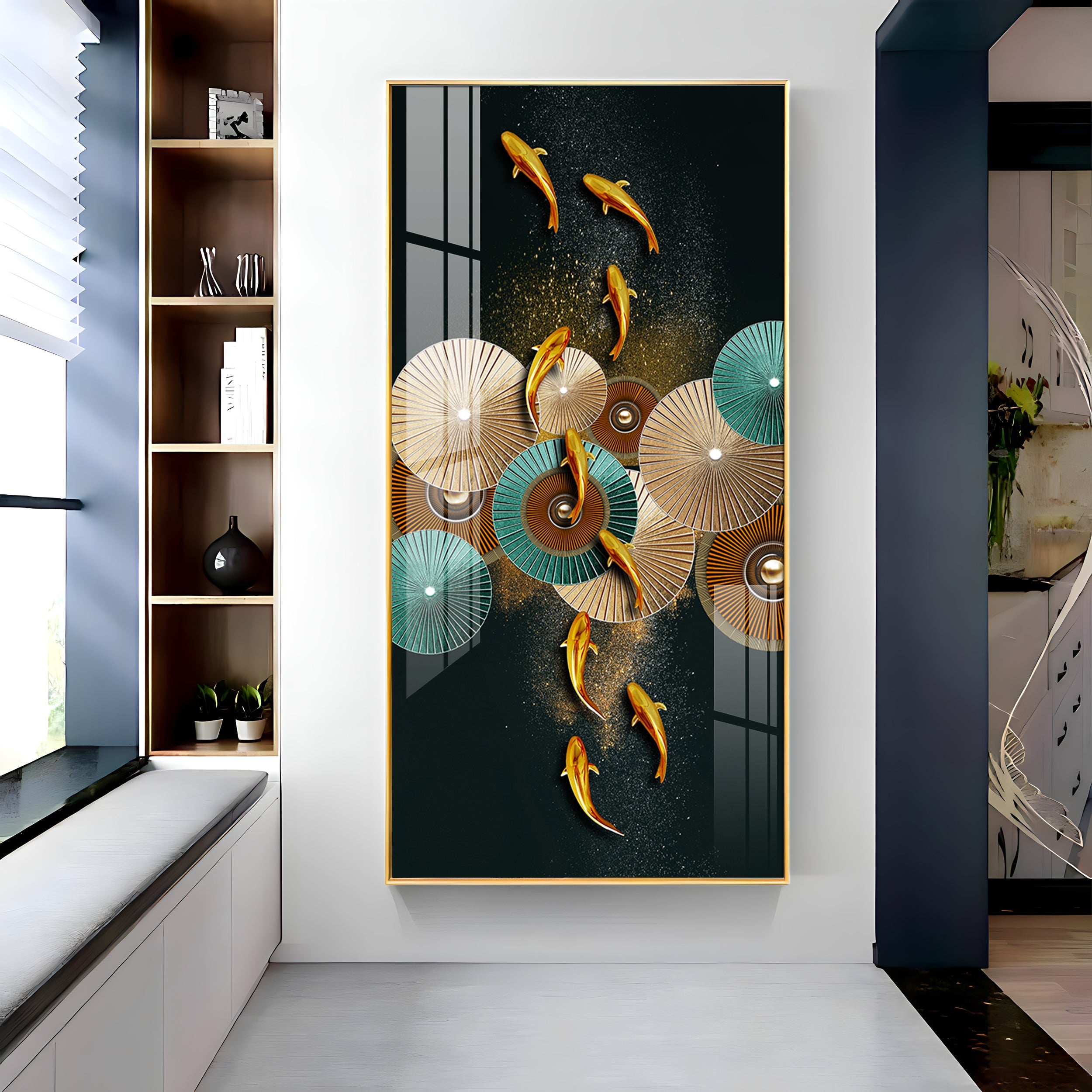 Koi Fish & Fan Designs Premium Acrylic Vertical Wall Art