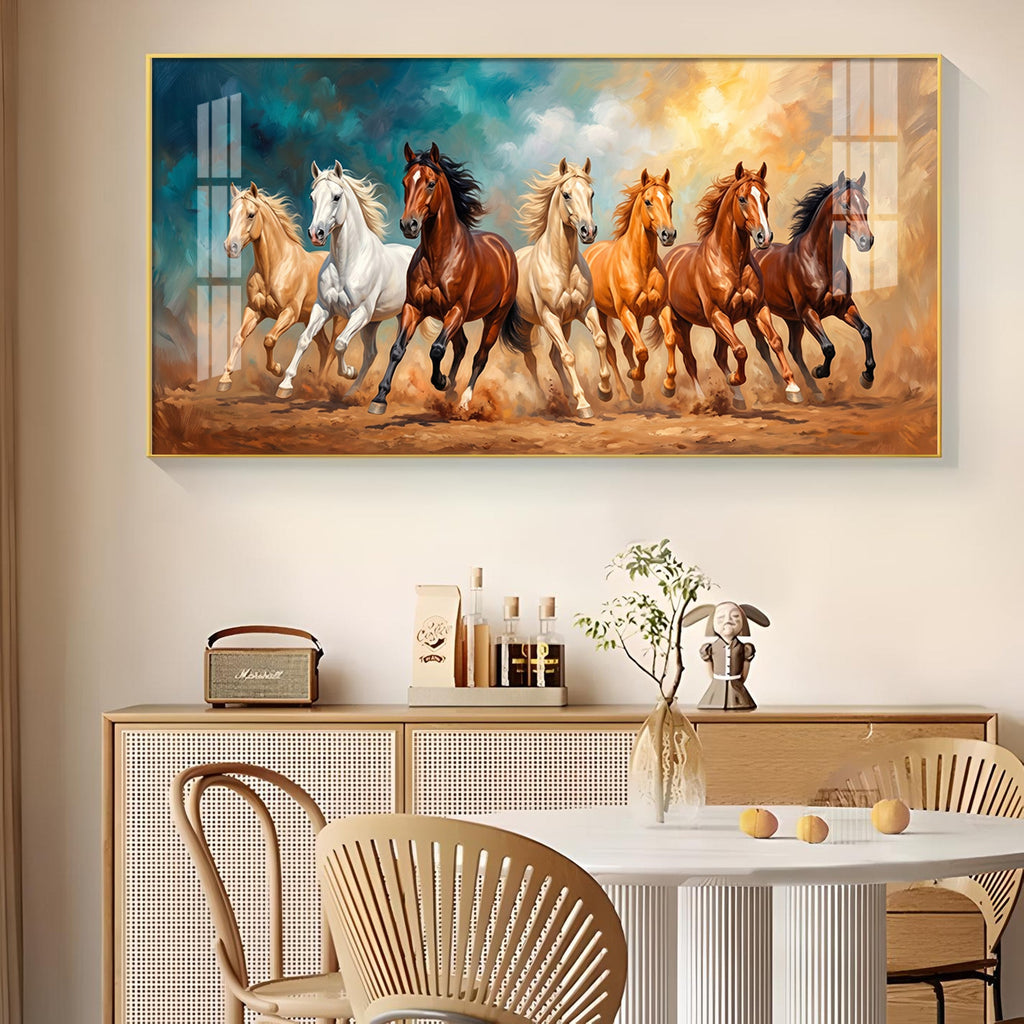 Running Horses Brown & White Glass Finish Horizontal Wall Art