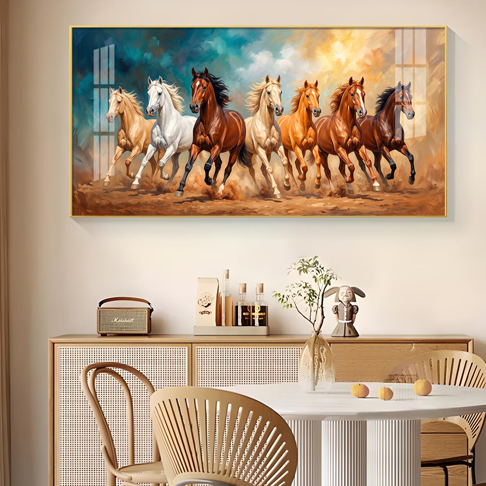 Running Horses Brown & White Glass Finish Horizontal Wall Art