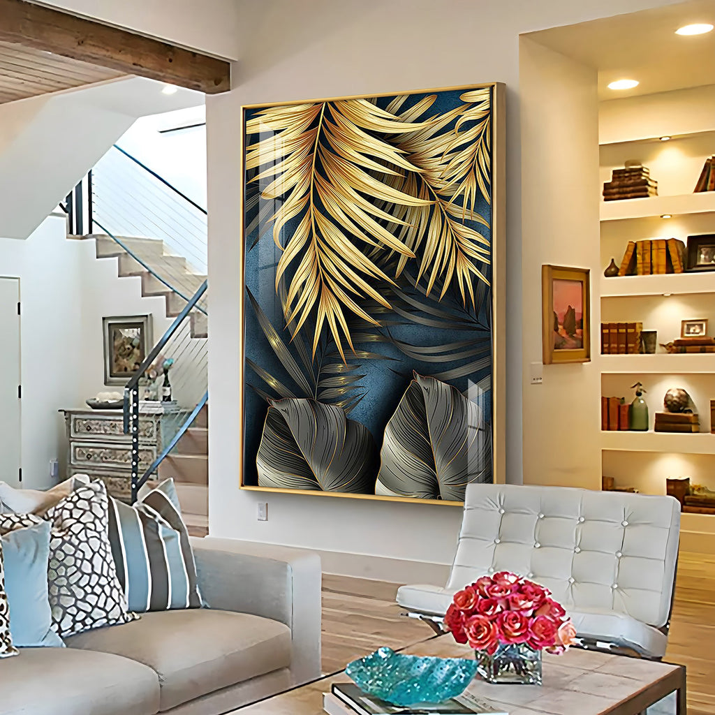 Tropical Golden Leafs Premium Acrylic Vertical Wall Art