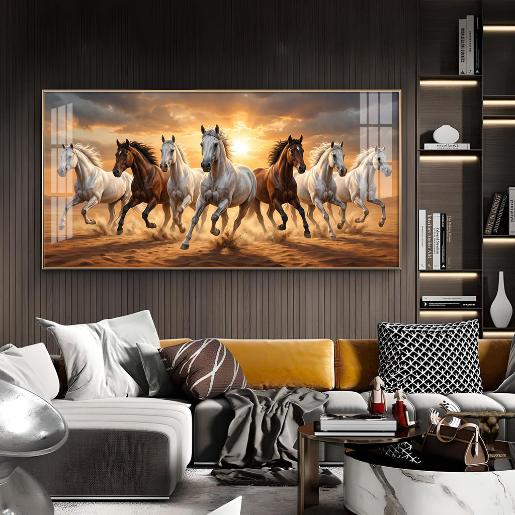 Running Horses In A Golden Sunset Glass Finish Horizontal Wall Art