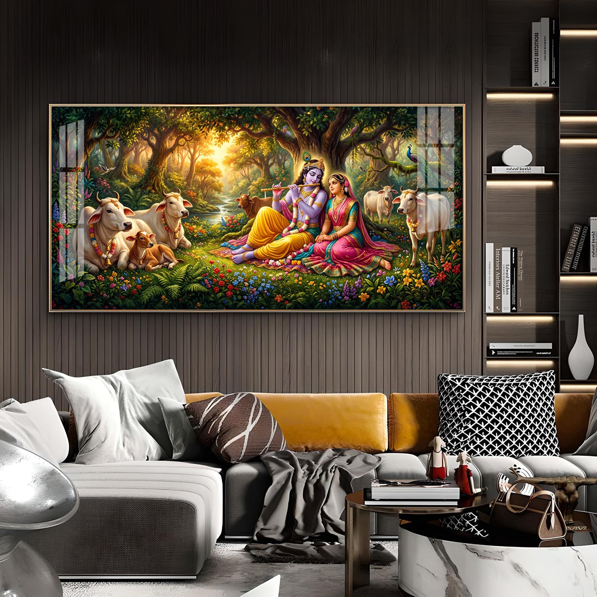 Radha and Krishna In Serene Forest Glass Finish Horizontal Wall Art