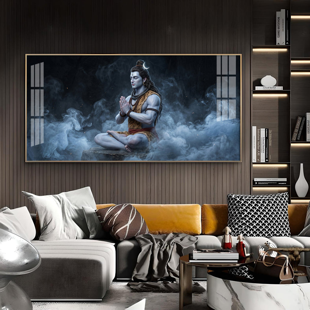 Lord Shiva In A Deep Meditative State Glass Finish Horizontal Wall Art