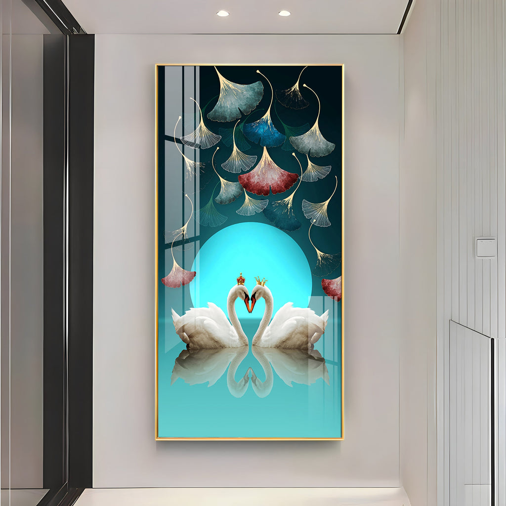 Couple Swan With Ginkgo Leaves Premium Acrylic Vertical Wall Art