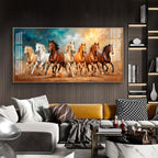 Running Horses Brown & White Glass Finish Horizontal Wall Art