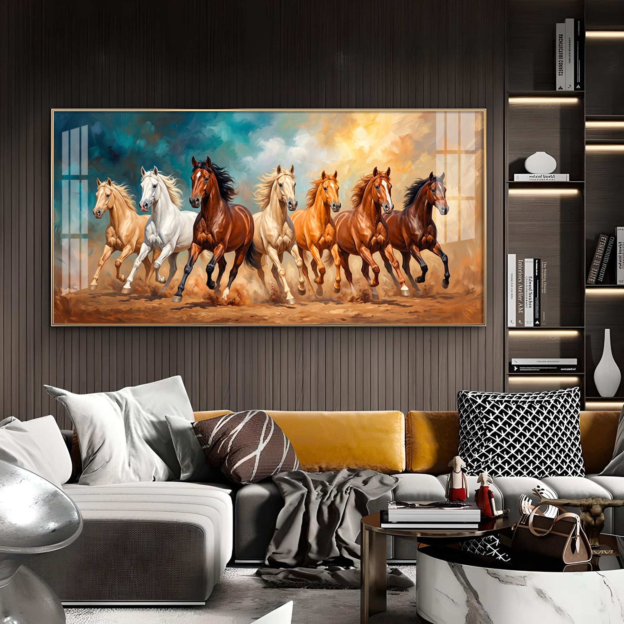 Running Horses Brown & White Glass Finish Horizontal Wall Art