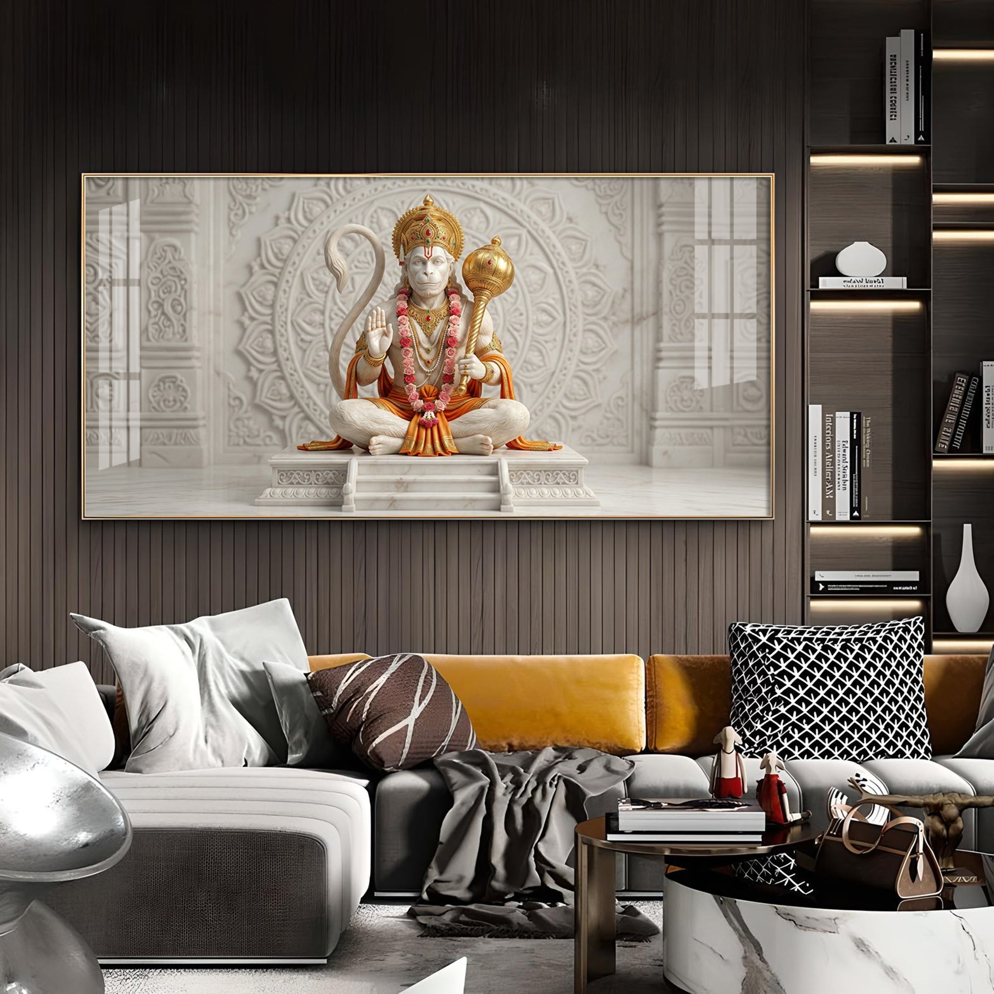 Lord Hanuman Glass Finish Horizontal Wall Art
