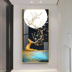 Golden Deer With Full Moon Premium Acrylic Vertical Wall Art