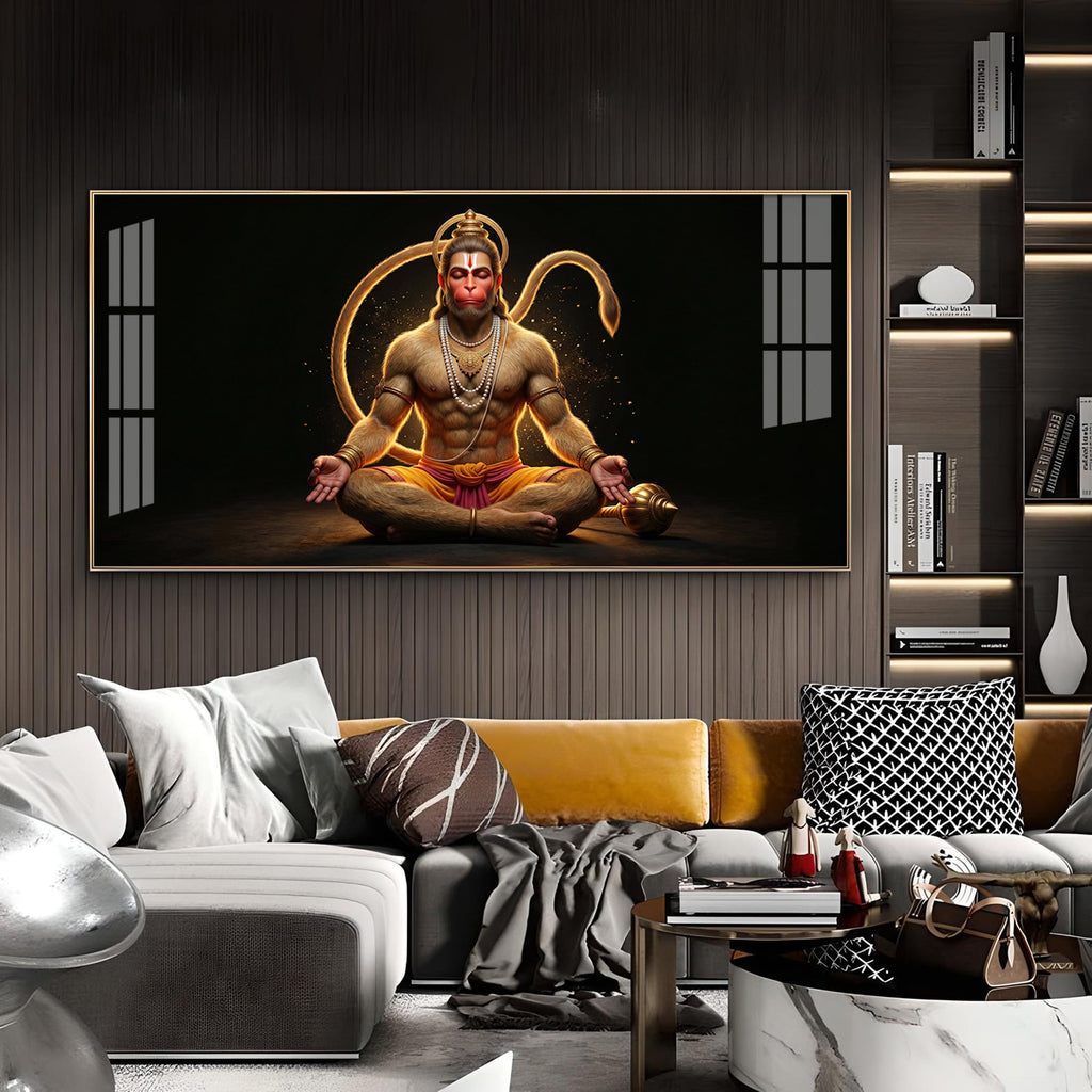 Lord Hanuman In Meditating Pose Glass Finish Horizontal Wall Art