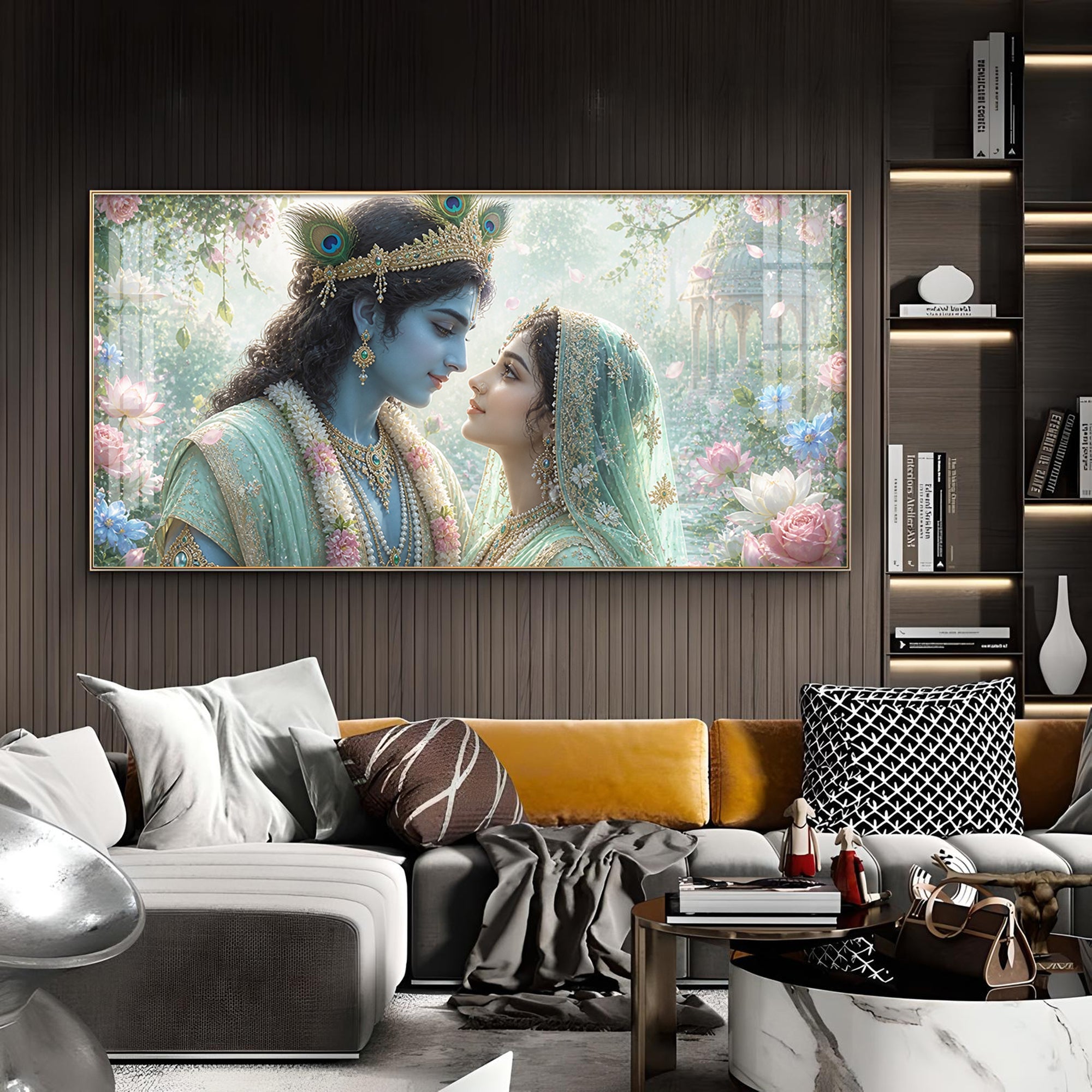 God Radha Krishna Glass Finish Horizontal Wall Art