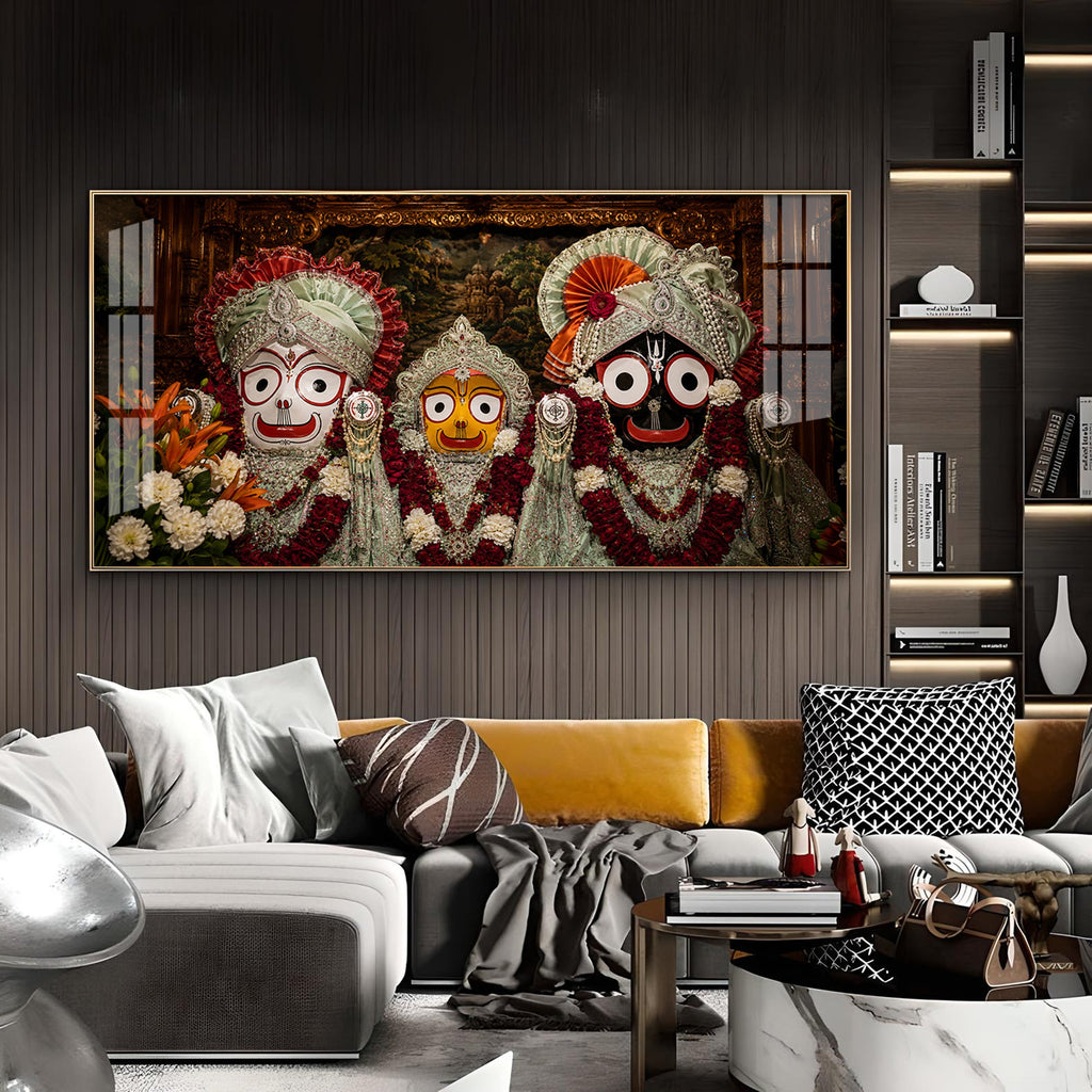 Lord Jagannath, Balabhadra & Subhadra Glass Finish Horizontal Wall Art